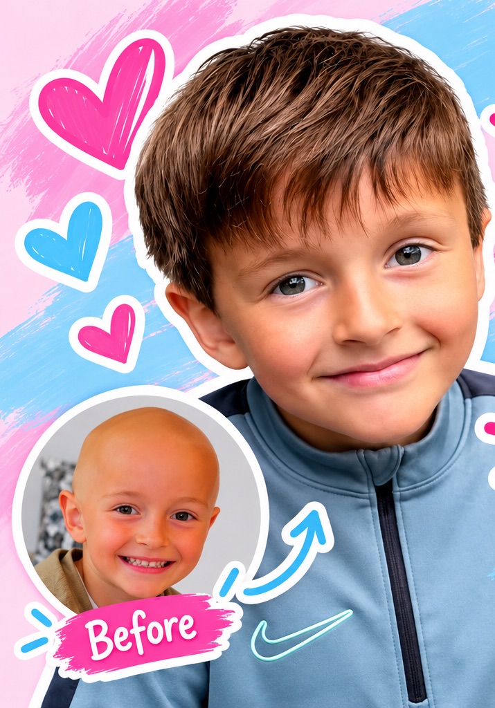 A smiling boy with a natural short haircut, with a small before photo showing his hair loss