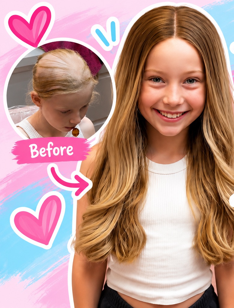 A smiling girl with long, natural-looking wavy hair, with a small before photo showing her hair loss