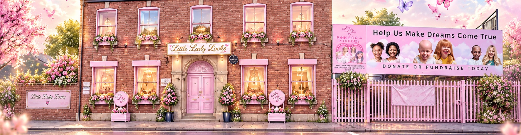 The Little Lady Locks house: a red-brick building with a pink front door, pink window boxes, flowering trees and a 'Help us make dreams come true' banner