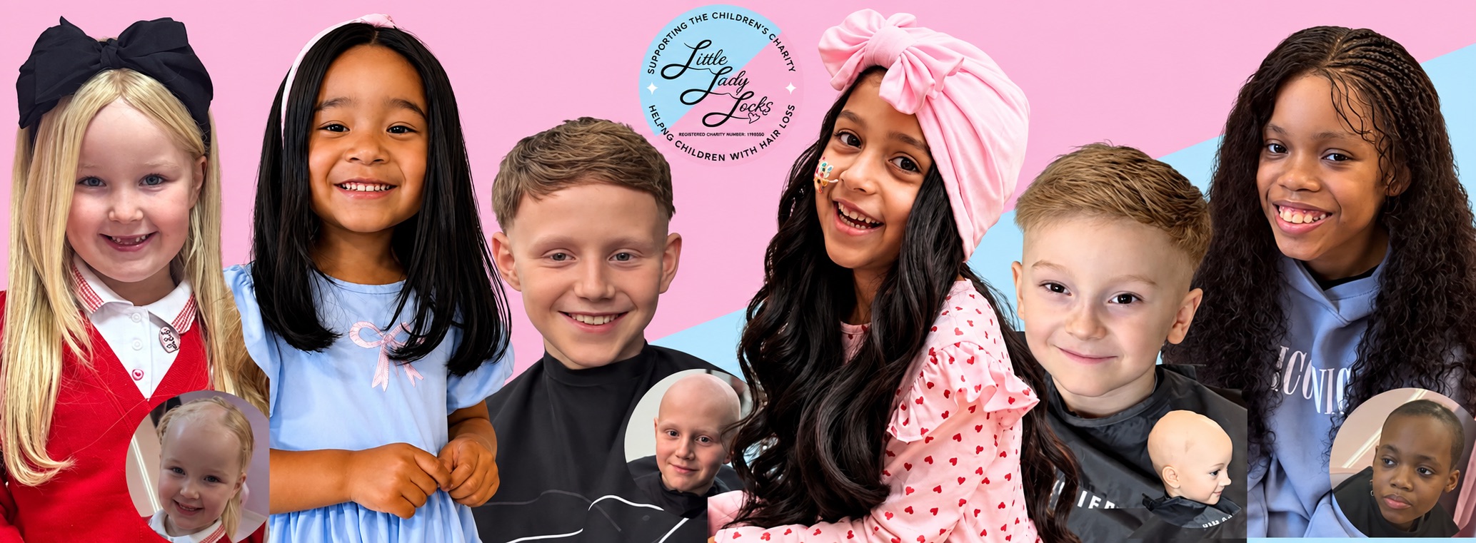 Six smiling children wearing their Little Lady Locks wigs and hair systems, each with a small before photo