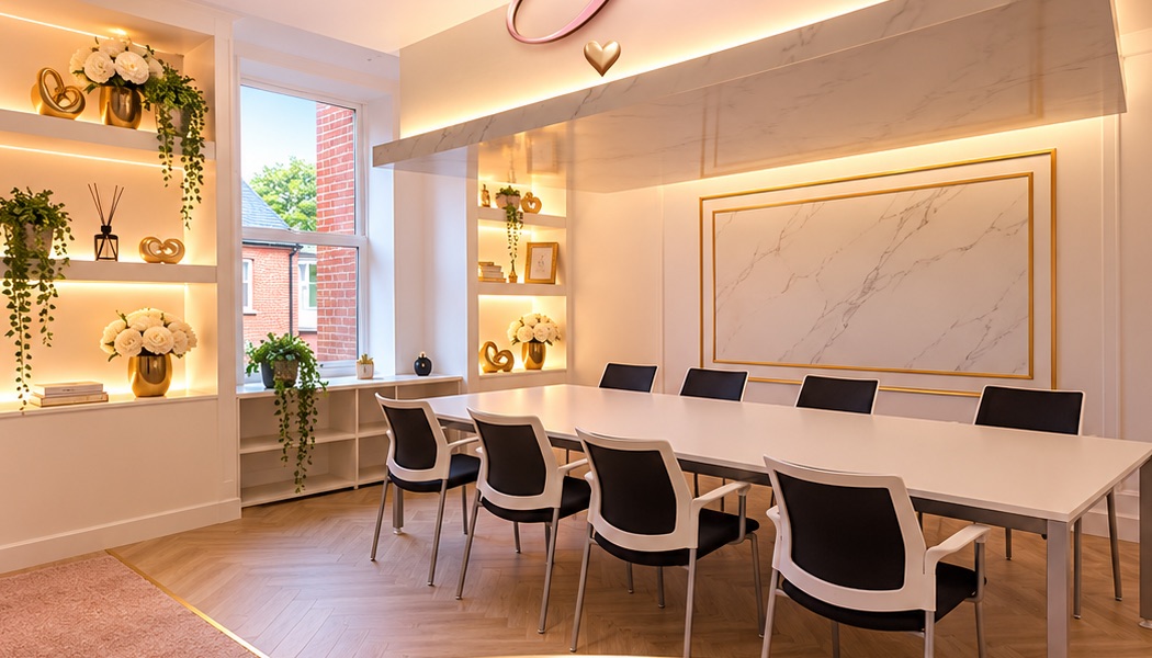 A bright meeting room with a long white table, black chairs, gold-lit shelves and a marble feature wall